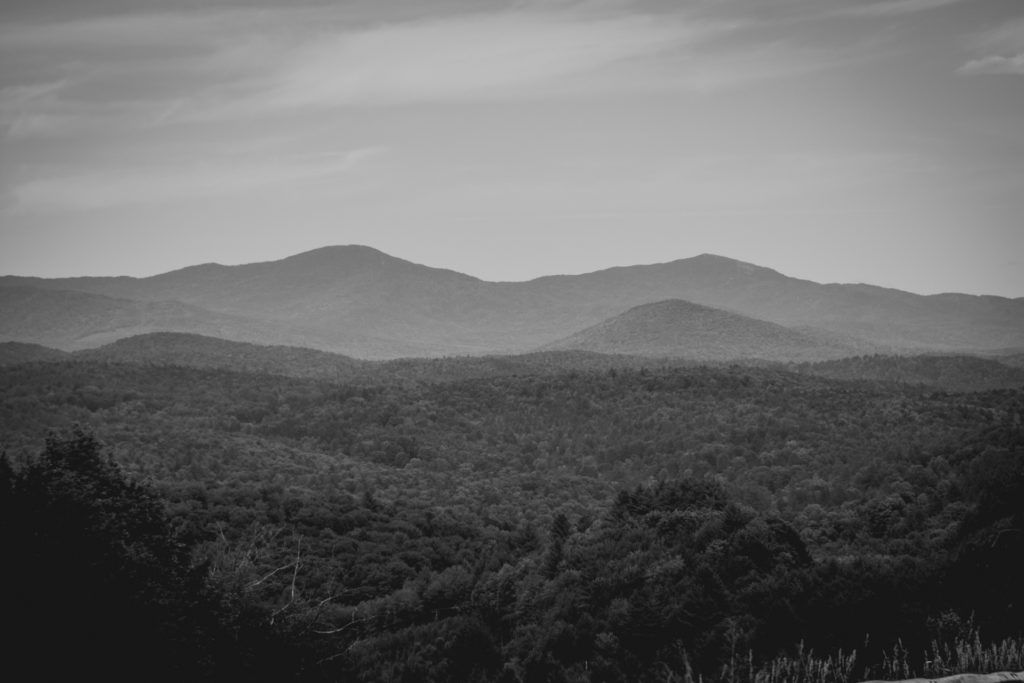 Black and white landscape of rolling hills and forests